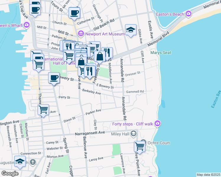 map of restaurants, bars, coffee shops, grocery stores, and more near 52 Berkeley Avenue in Newport