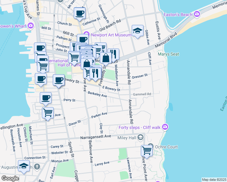 map of restaurants, bars, coffee shops, grocery stores, and more near 52 Berkeley Avenue in Newport