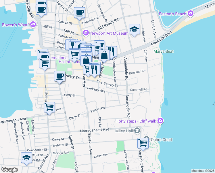 map of restaurants, bars, coffee shops, grocery stores, and more near 27 Berkeley Avenue in Newport