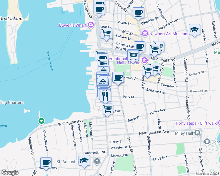 map of restaurants, bars, coffee shops, grocery stores, and more near 33 South Baptist Street in Newport