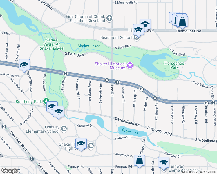 map of restaurants, bars, coffee shops, grocery stores, and more near 2868 Lee Road in Shaker Heights