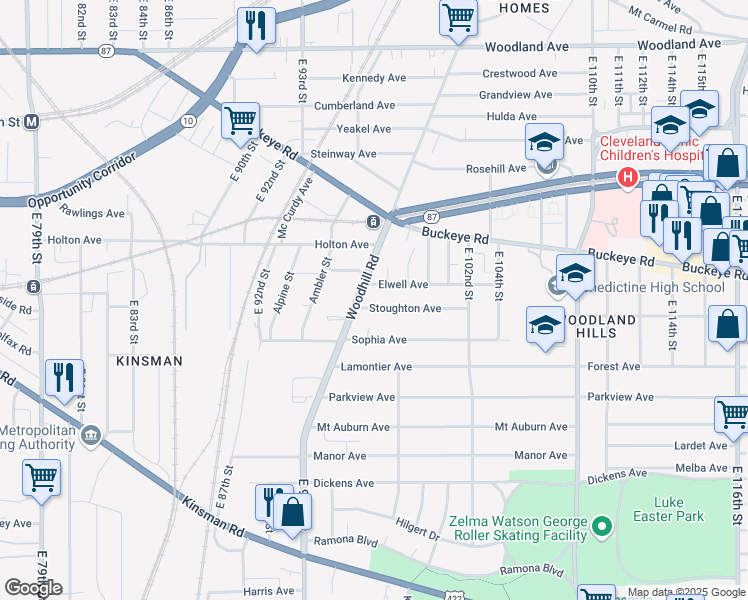 map of restaurants, bars, coffee shops, grocery stores, and more near 9706 Stoughton Avenue in Cleveland