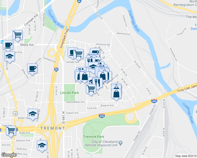 map of restaurants, bars, coffee shops, grocery stores, and more near 846 Jefferson Avenue in Cleveland