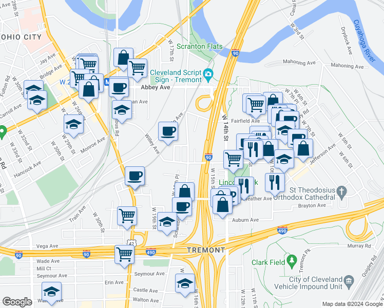 map of restaurants, bars, coffee shops, grocery stores, and more near 2401 Scranton Road in Cleveland