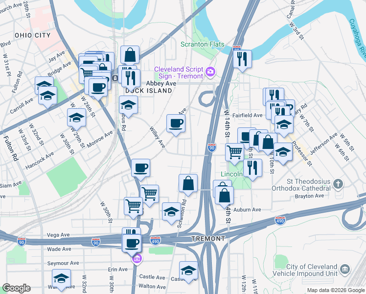 map of restaurants, bars, coffee shops, grocery stores, and more near 1615 Willey Avenue in Cleveland
