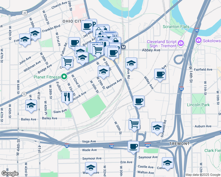 map of restaurants, bars, coffee shops, grocery stores, and more near 2828 York Avenue in Cleveland