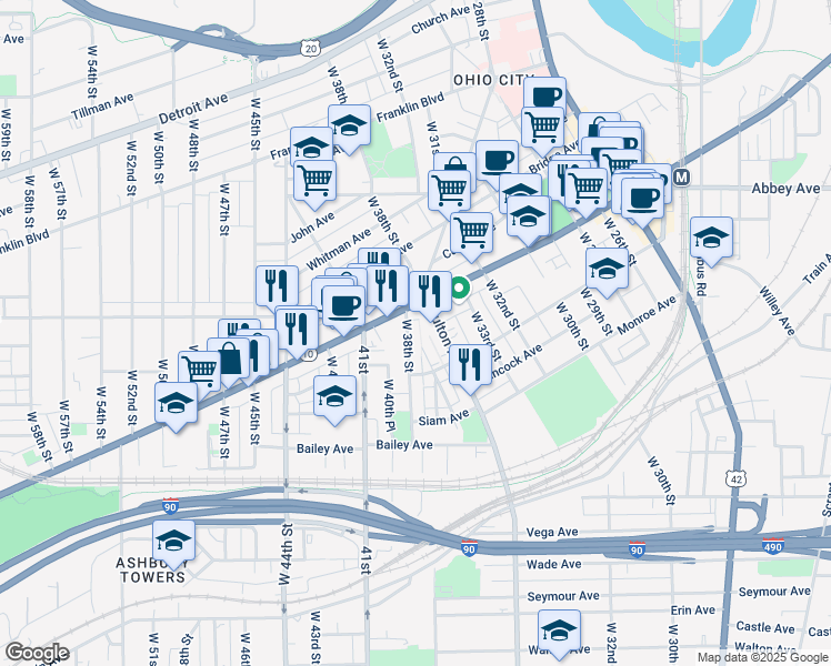 map of restaurants, bars, coffee shops, grocery stores, and more near 2106 Fulton Road in Cleveland