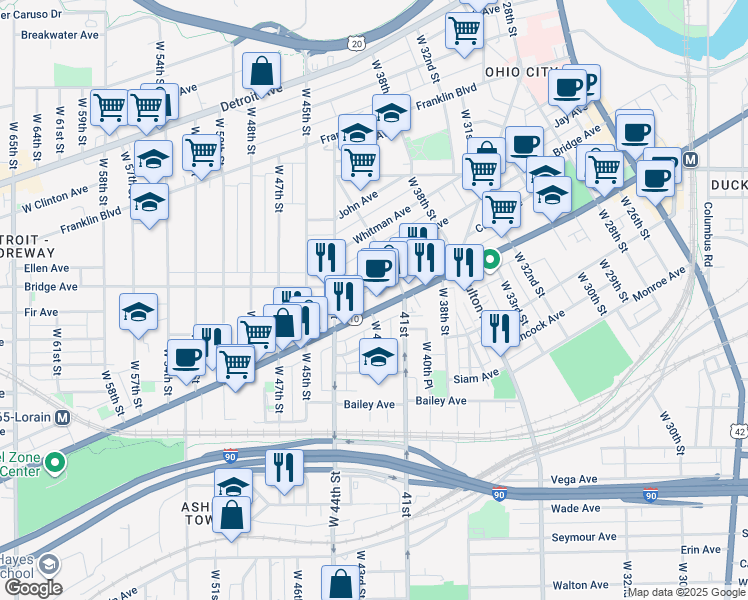 map of restaurants, bars, coffee shops, grocery stores, and more near 4241 Lorain Avenue in Cleveland