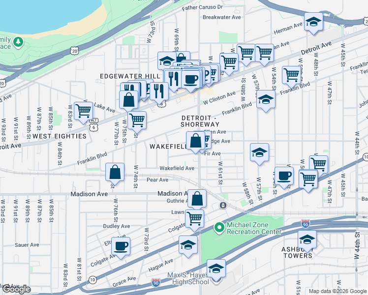 map of restaurants, bars, coffee shops, grocery stores, and more near 6711 Fir Avenue in Cleveland