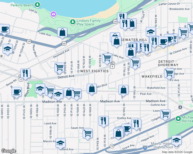 map of restaurants, bars, coffee shops, grocery stores, and more near 1446 West 84th Street in Cleveland