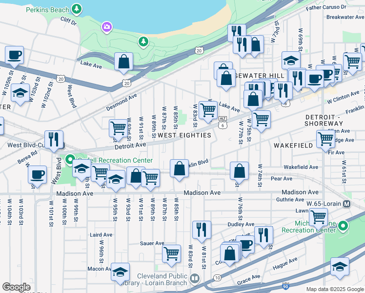 map of restaurants, bars, coffee shops, grocery stores, and more near 1446 West 84th Street in Cleveland