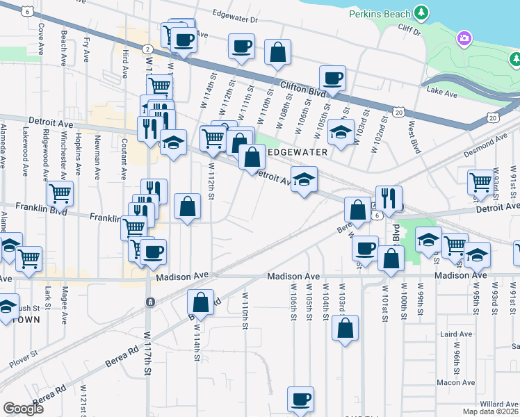 map of restaurants, bars, coffee shops, grocery stores, and more near 1475 West 107th Street in Cleveland