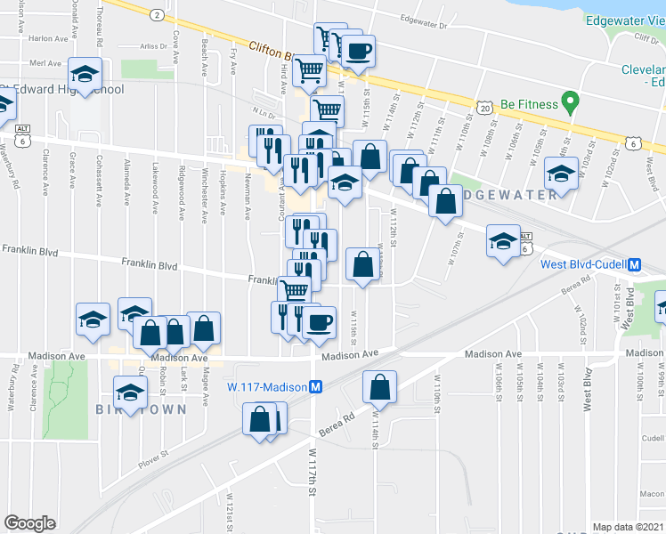 map of restaurants, bars, coffee shops, grocery stores, and more near 1530 West 116th Street in Cleveland