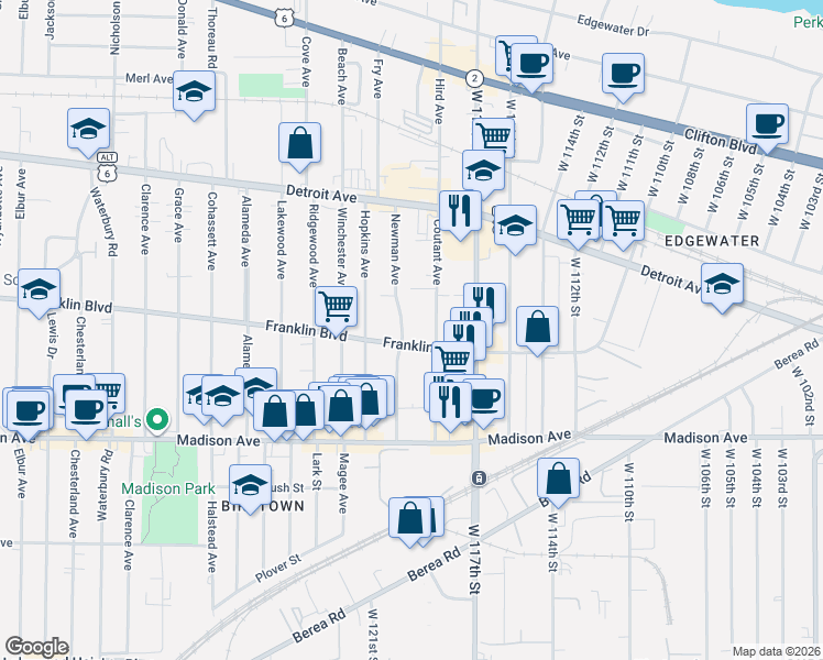 map of restaurants, bars, coffee shops, grocery stores, and more near 11815 Franklin Boulevard in Lakewood