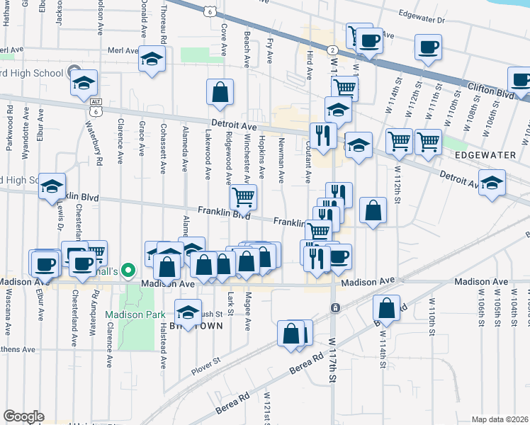 map of restaurants, bars, coffee shops, grocery stores, and more near 11915 Franklin Boulevard in Lakewood