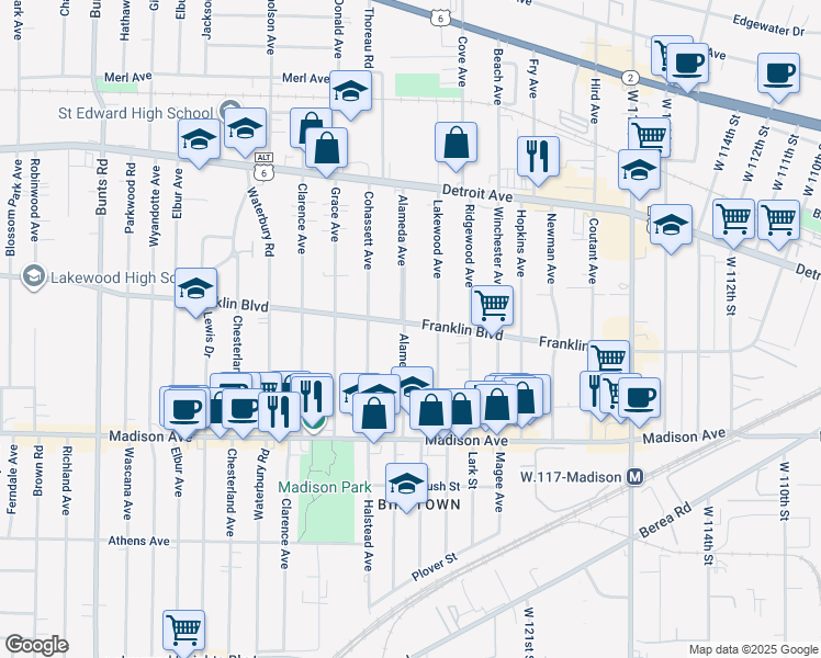 map of restaurants, bars, coffee shops, grocery stores, and more near 1573 Alameda Avenue in Lakewood