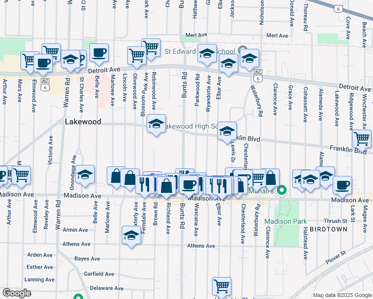 map of restaurants, bars, coffee shops, grocery stores, and more near 1614 Parkwood Road in Lakewood