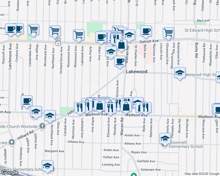map of restaurants, bars, coffee shops, grocery stores, and more near 1600 Elmwood Avenue in Lakewood