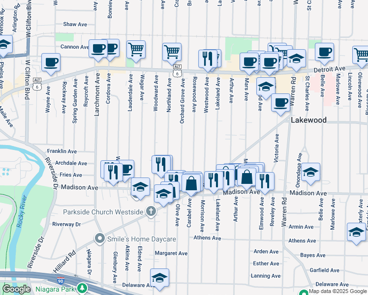 map of restaurants, bars, coffee shops, grocery stores, and more near 1602 Rosewood Avenue in Lakewood