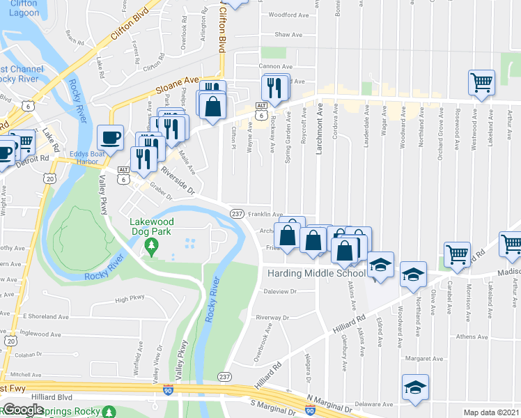 map of restaurants, bars, coffee shops, grocery stores, and more near 1591 Riverside Drive in Lakewood