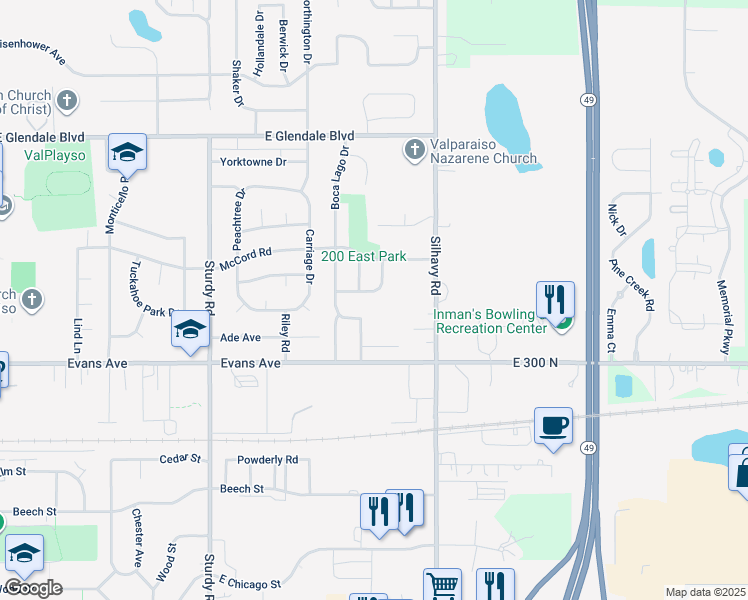 map of restaurants, bars, coffee shops, grocery stores, and more near 1206 Bartlett Drive in Valparaiso