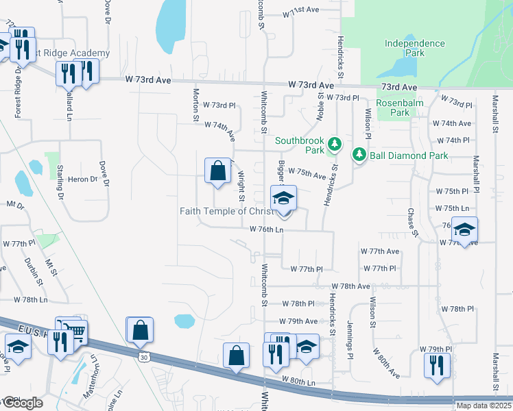 map of restaurants, bars, coffee shops, grocery stores, and more near 7659 Wright Street in Merrillville
