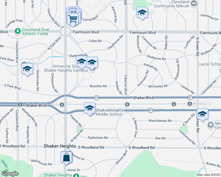 map of restaurants, bars, coffee shops, grocery stores, and more near 21301 Shaker Boulevard in Shaker Heights