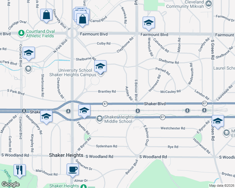 map of restaurants, bars, coffee shops, grocery stores, and more near 21301 Shaker Boulevard in Shaker Heights