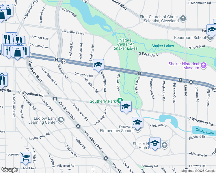 map of restaurants, bars, coffee shops, grocery stores, and more near 2900 West Park Boulevard in Shaker Heights