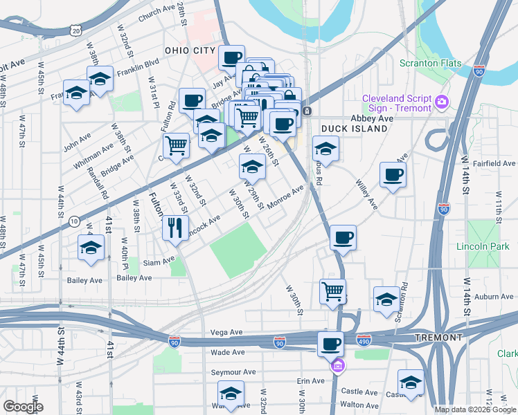 map of restaurants, bars, coffee shops, grocery stores, and more near 2828 York Avenue in Cleveland