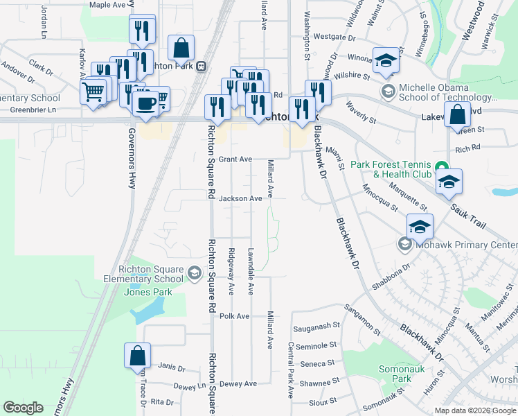 map of restaurants, bars, coffee shops, grocery stores, and more near 22531 Lawndale Avenue in Richton Park