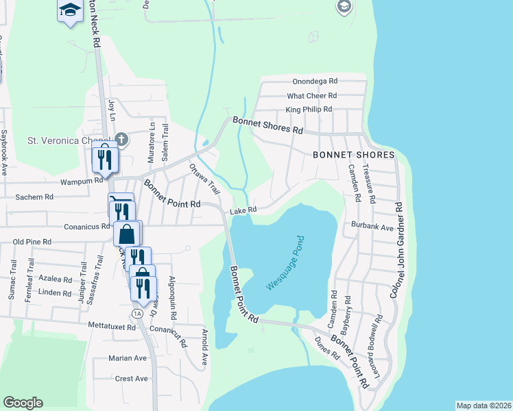map of restaurants, bars, coffee shops, grocery stores, and more near 31 Lake Road in Narragansett