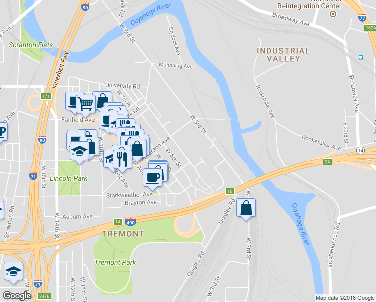map of restaurants, bars, coffee shops, grocery stores, and more near 422 Leedy Court in Cleveland