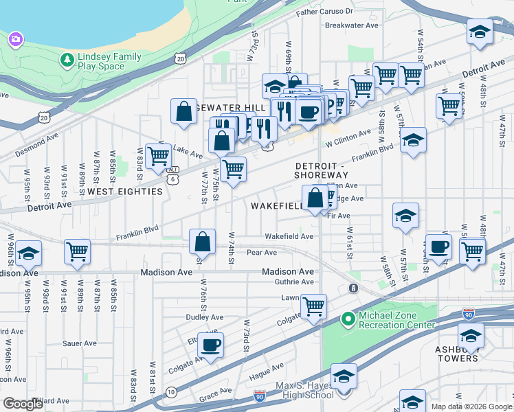 map of restaurants, bars, coffee shops, grocery stores, and more near 6909 Franklin Boulevard in Cleveland