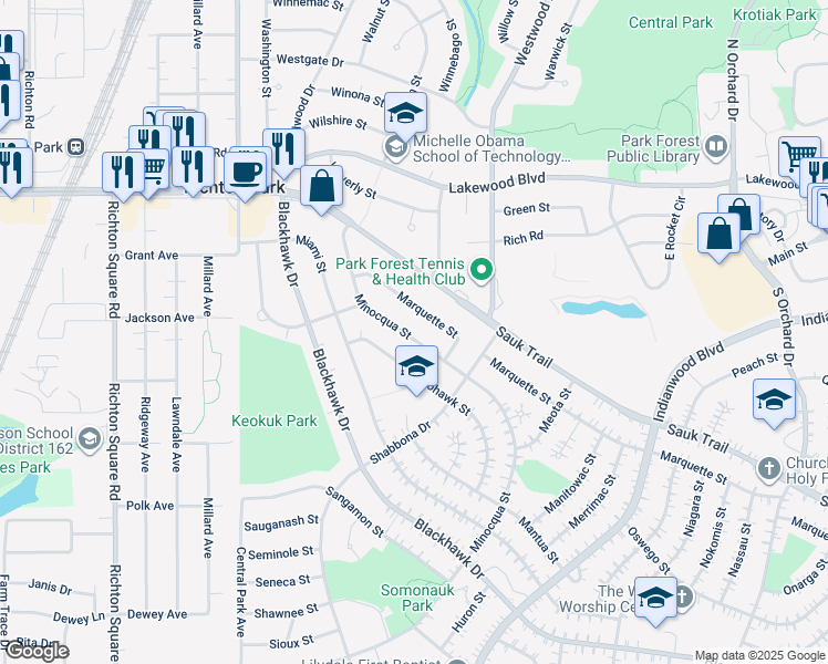map of restaurants, bars, coffee shops, grocery stores, and more near 320 Minocqua Street in Park Forest