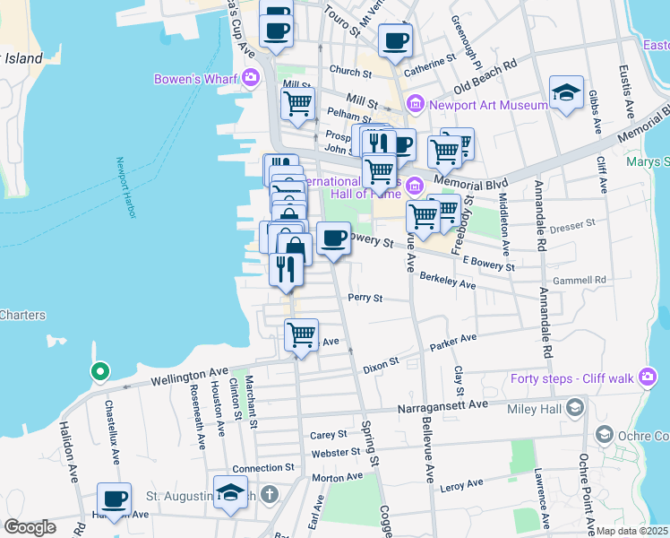 map of restaurants, bars, coffee shops, grocery stores, and more near 16 Anthony Street in Newport