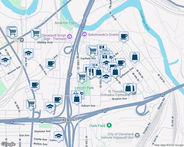 map of restaurants, bars, coffee shops, grocery stores, and more near 2289 West 11th Street in Cleveland