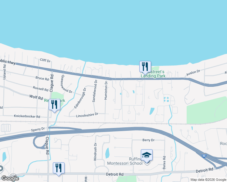 map of restaurants, bars, coffee shops, grocery stores, and more near 22827 Lake Road in Rocky River