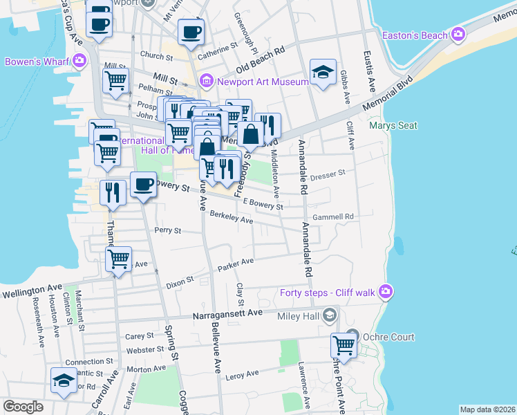 map of restaurants, bars, coffee shops, grocery stores, and more near 5 Weaver Avenue in Newport