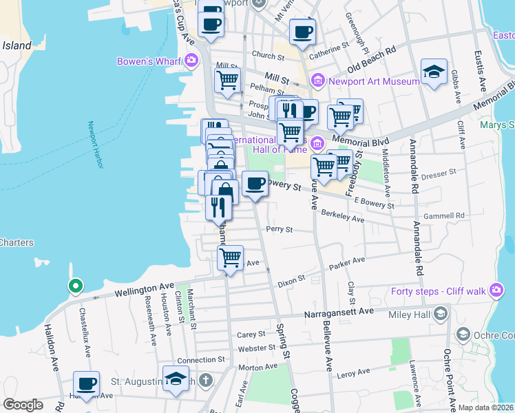 map of restaurants, bars, coffee shops, grocery stores, and more near 16 Anthony Street in Newport