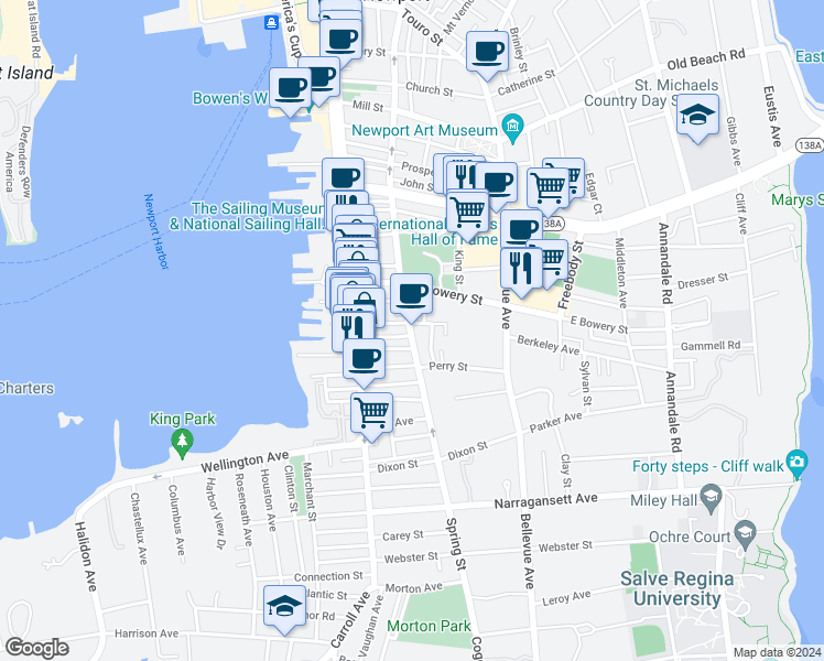 map of restaurants, bars, coffee shops, grocery stores, and more near 16 Anthony Street in Newport