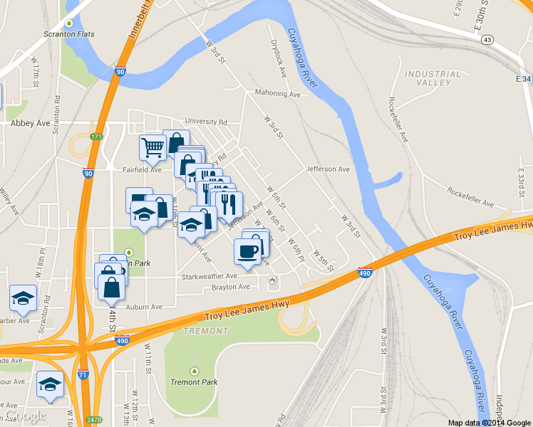 map of restaurants, bars, coffee shops, grocery stores, and more near 518 Jefferson Avenue in Cleveland