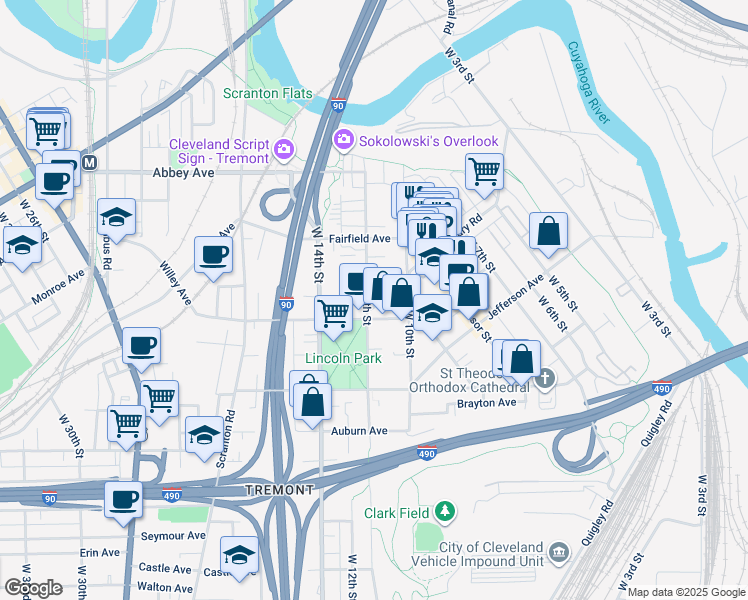 map of restaurants, bars, coffee shops, grocery stores, and more near 2289 West 11th Street in Cleveland