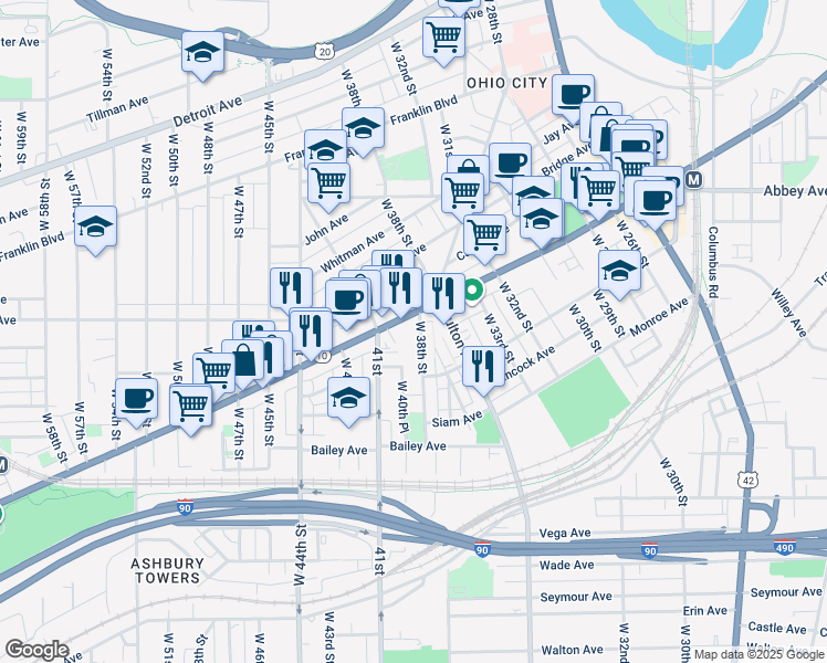 map of restaurants, bars, coffee shops, grocery stores, and more near 3818 Lorain Avenue in Cleveland