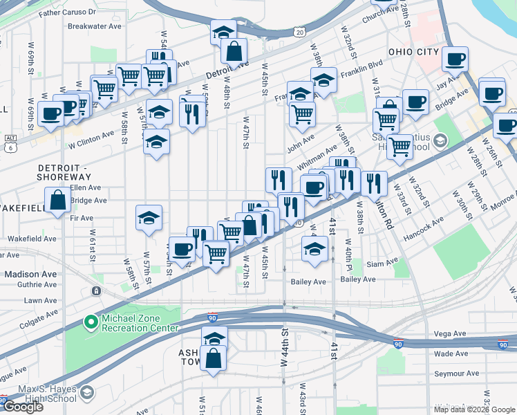 map of restaurants, bars, coffee shops, grocery stores, and more near 1907 West 47th Street in Cleveland