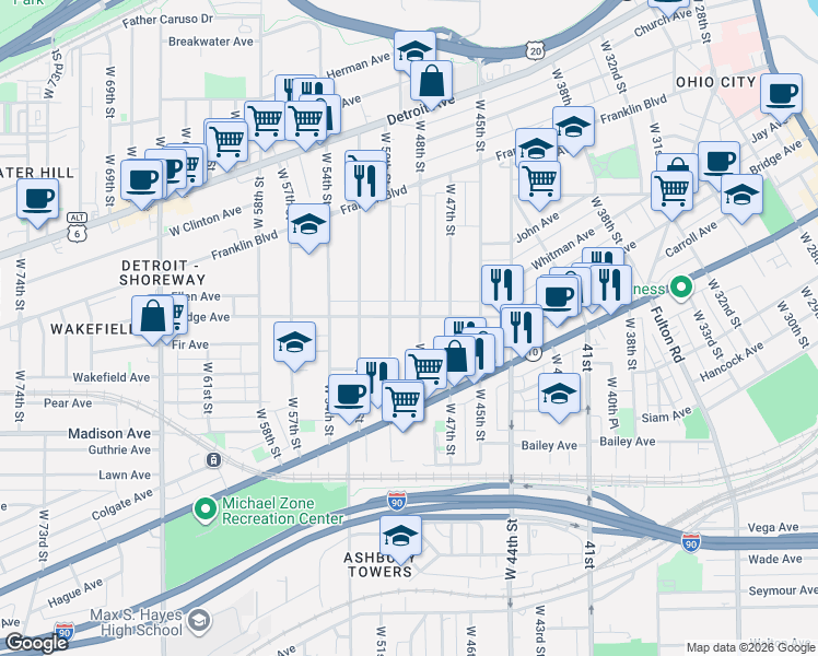 map of restaurants, bars, coffee shops, grocery stores, and more near 189 Bridge Court in Cleveland