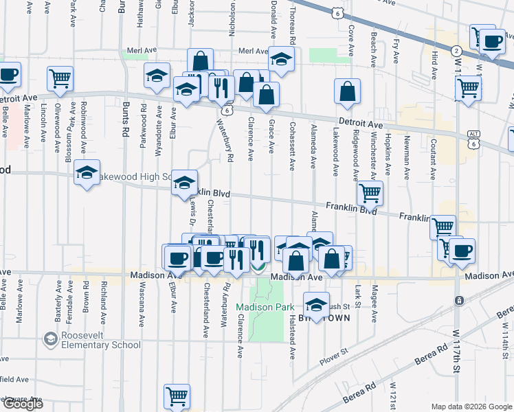 map of restaurants, bars, coffee shops, grocery stores, and more near 1533 Clarence Avenue in Lakewood
