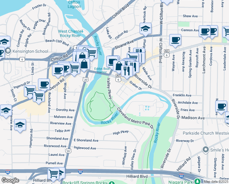 map of restaurants, bars, coffee shops, grocery stores, and more near 18900 Detroit Extension in Lakewood