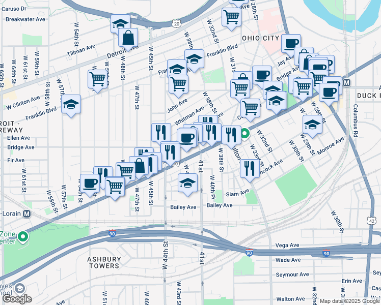 map of restaurants, bars, coffee shops, grocery stores, and more near 1943 Randall Road in Cleveland