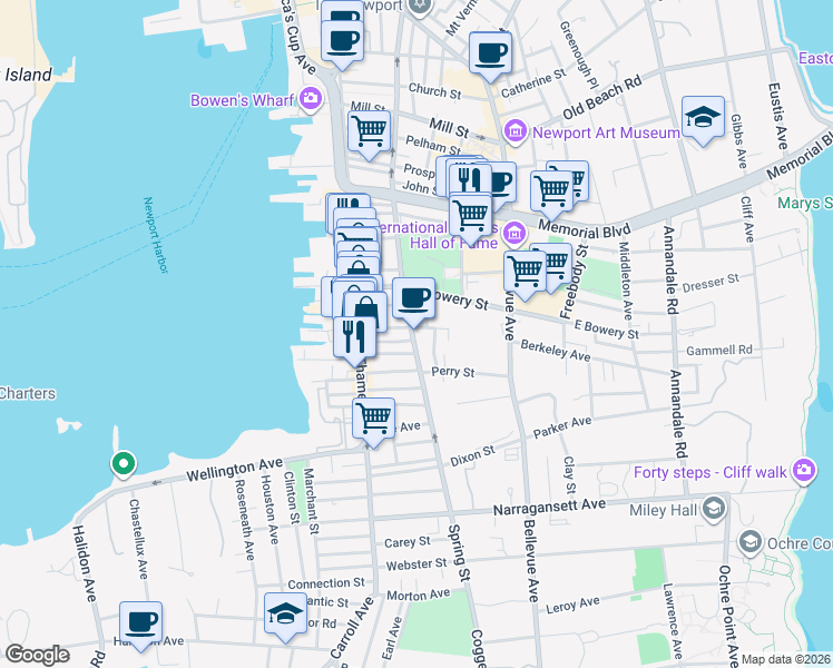map of restaurants, bars, coffee shops, grocery stores, and more near 16 Anthony Street in Newport